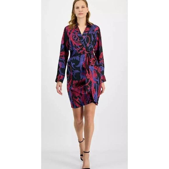 Tahari ASL Women's Printed Faux-Wrap Dress in Black Cobalt Combo - Picture 1 of 1